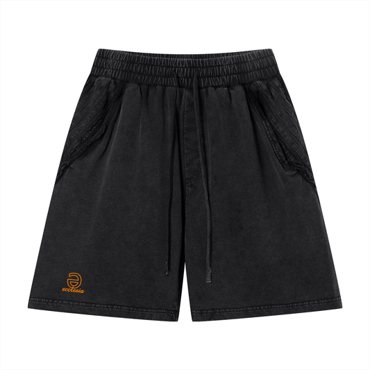 Ecclesia Black w/ Orange Logo Unisex Vintage Wash Raw Edge Shorts