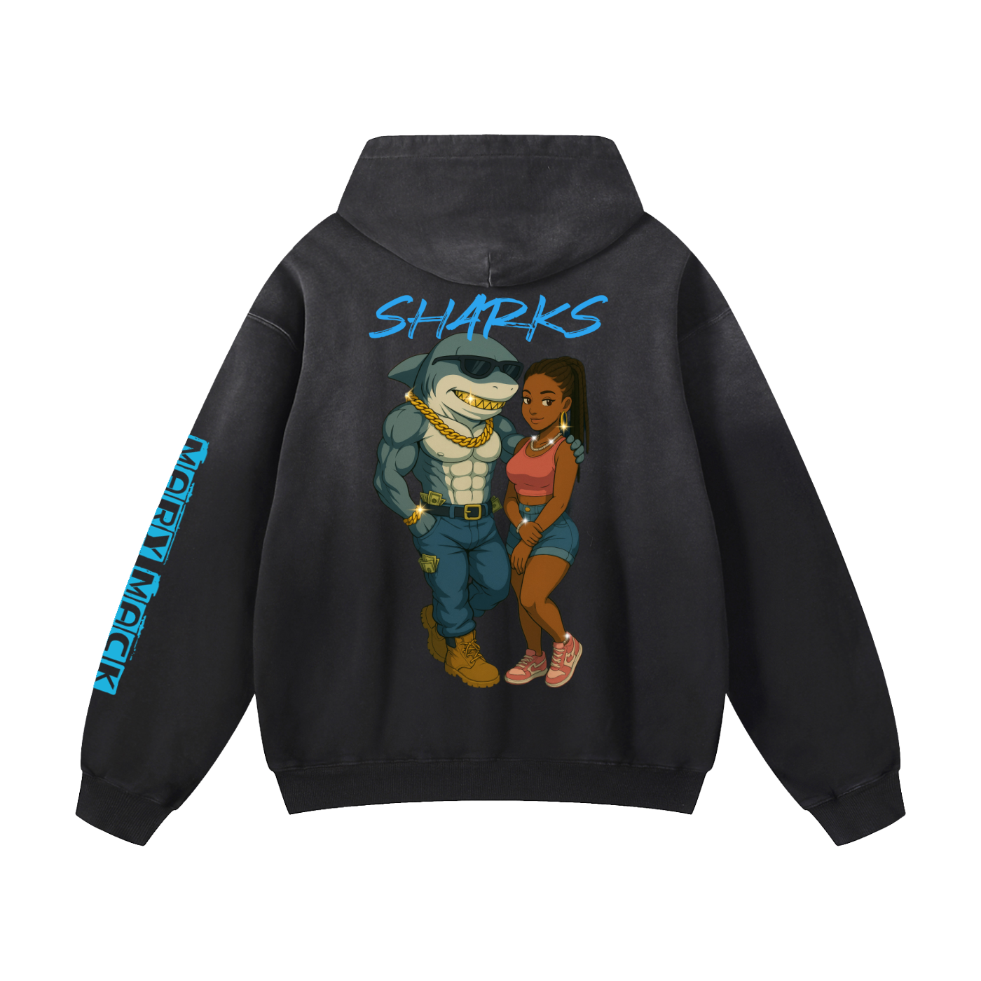 Mary Mack Sharks Black w/BlueCrown Heavyweight Sunfade Oversized Hoodie