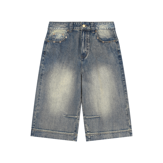 Vintage Wash Baggy Denim Shorts w/ Red Logo